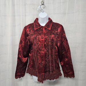 Flashback Ruby Red Beaded Crochet Embroidered Floral Boho Jacket Goth M+